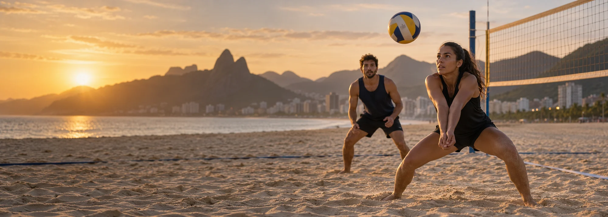 Pessoas jogando vôlei na praia ao pôr do sol